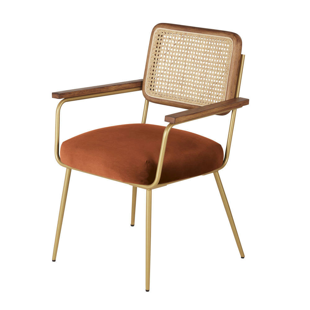 Rosalie - Fauteuil de table cannage en rotin et velours orange écureuil