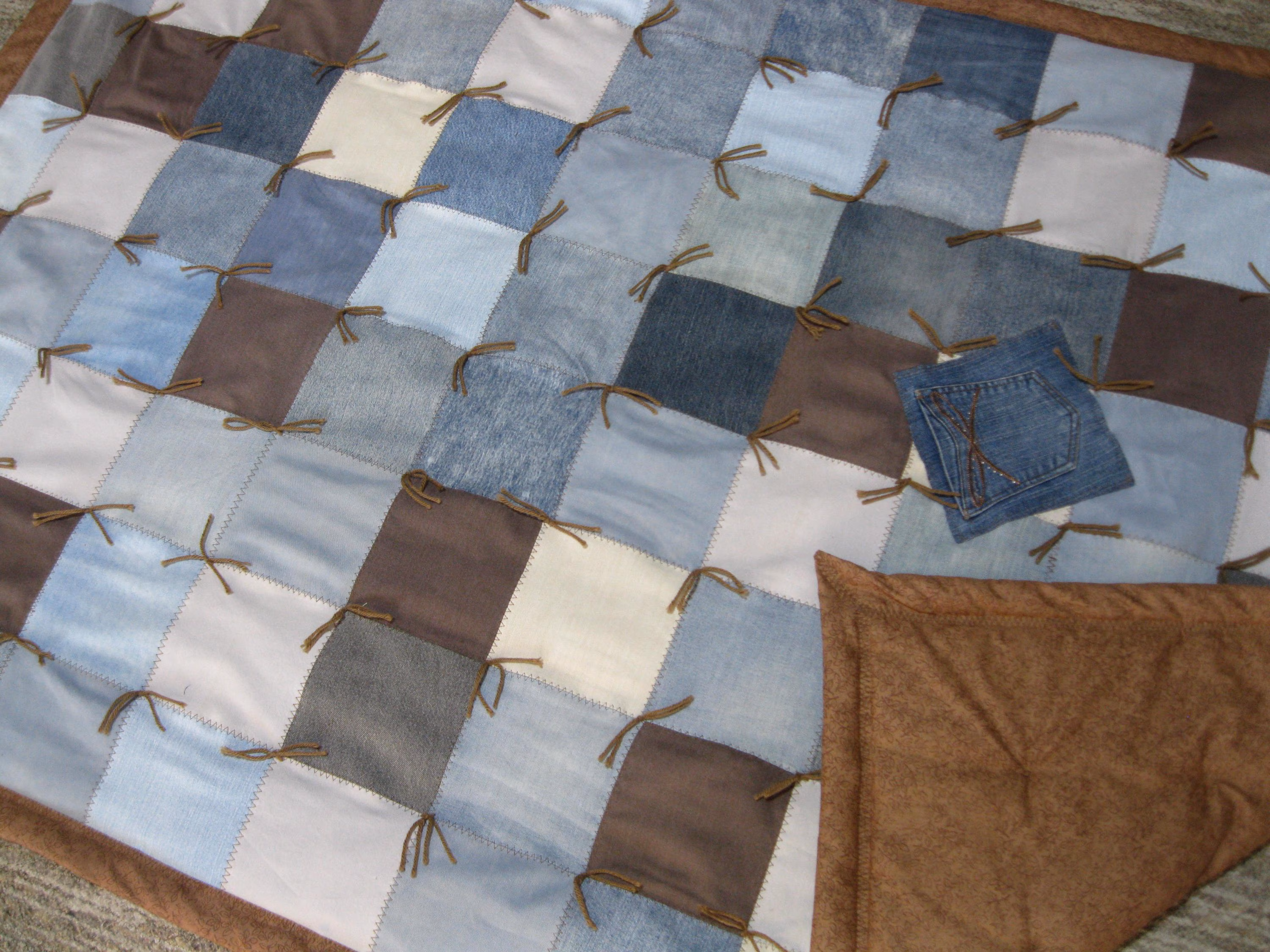 New Handmade Tied Oversized Denim Jean Throw Lap Blue Brown Vine Leaf COTTON Quilt Blanket