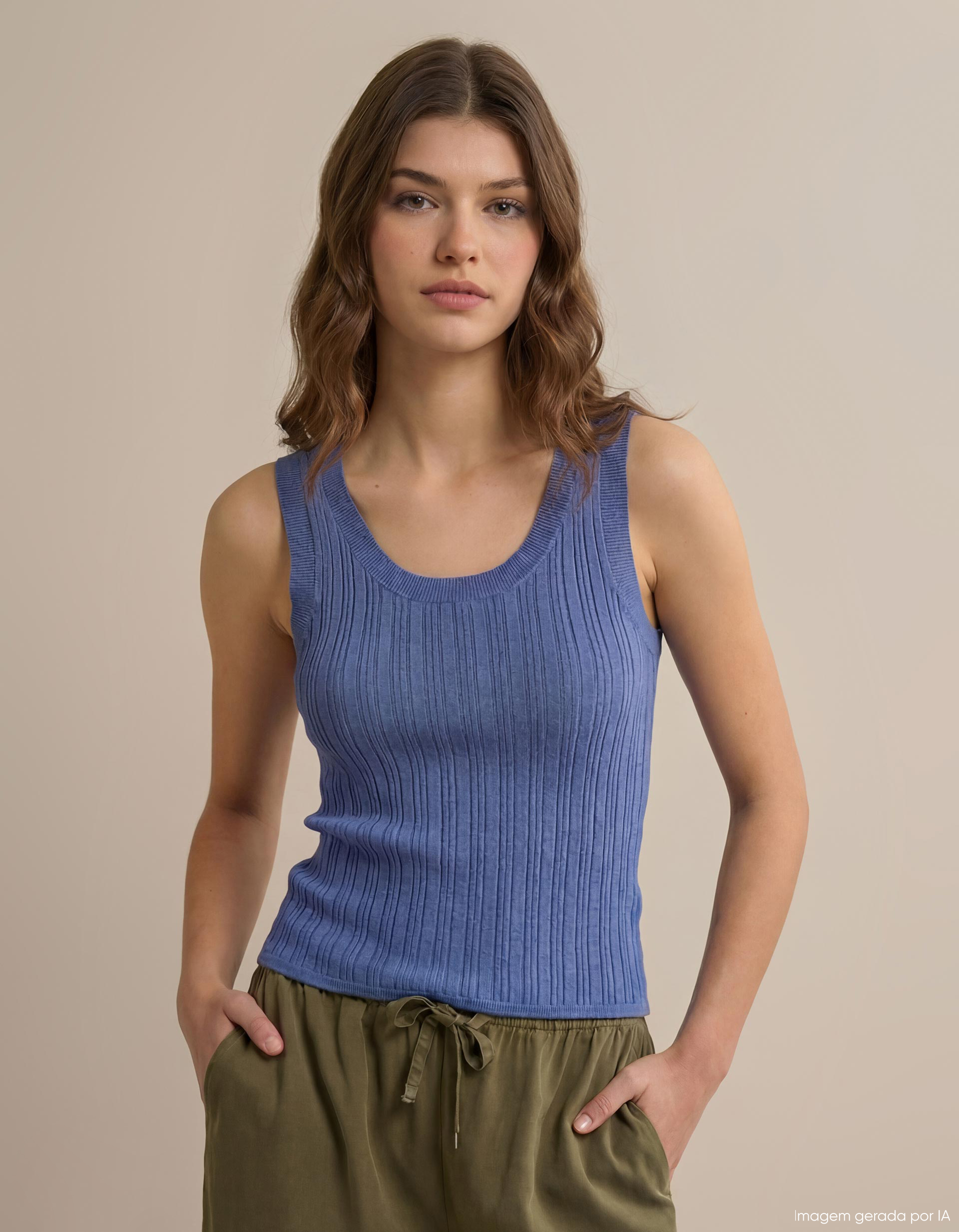 Top de Malha Canelada, Mulher, Azul