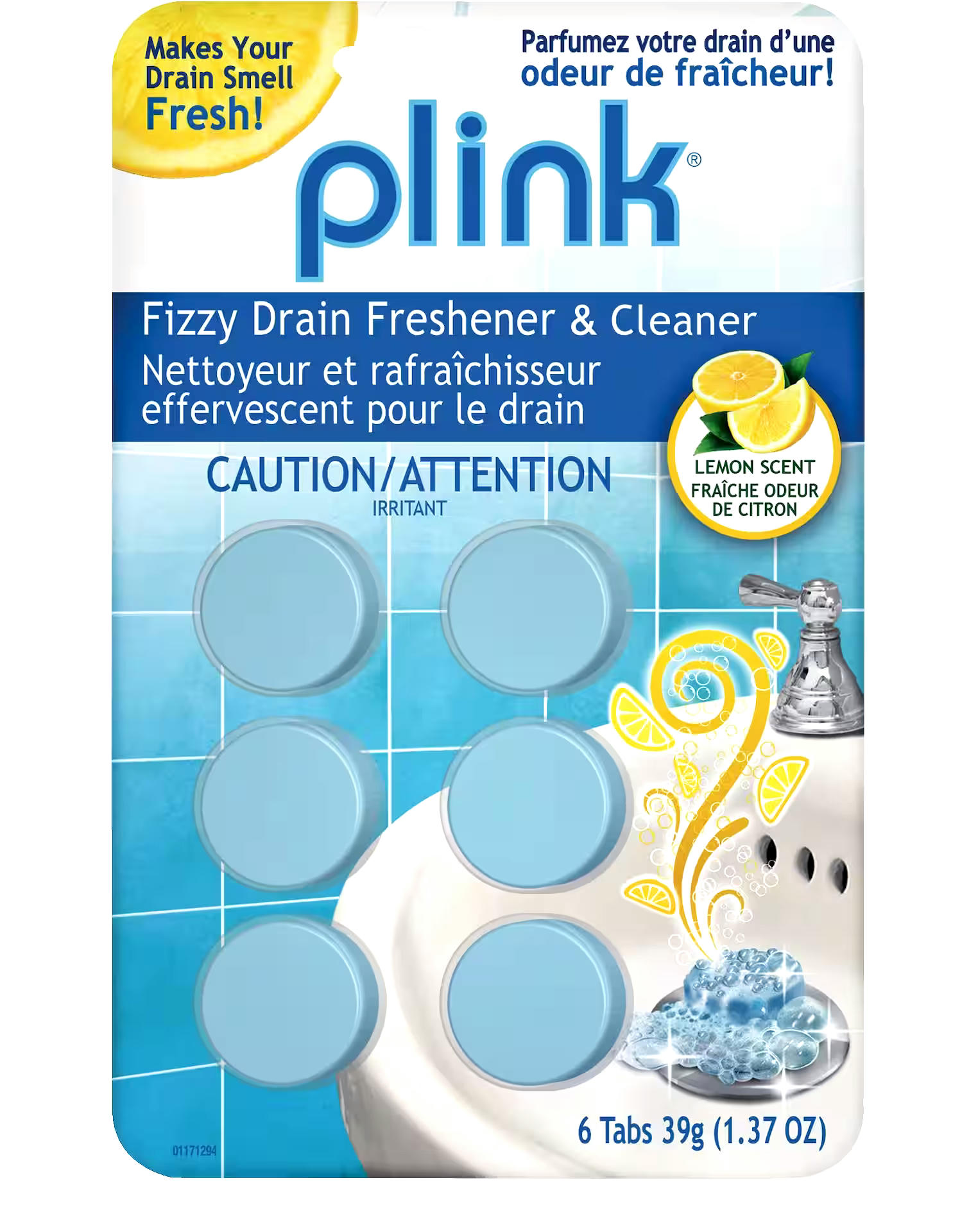Summit Plink Fizzy Drain Freshener & Cleaner Tabs, Lemon Scent, 6-pk