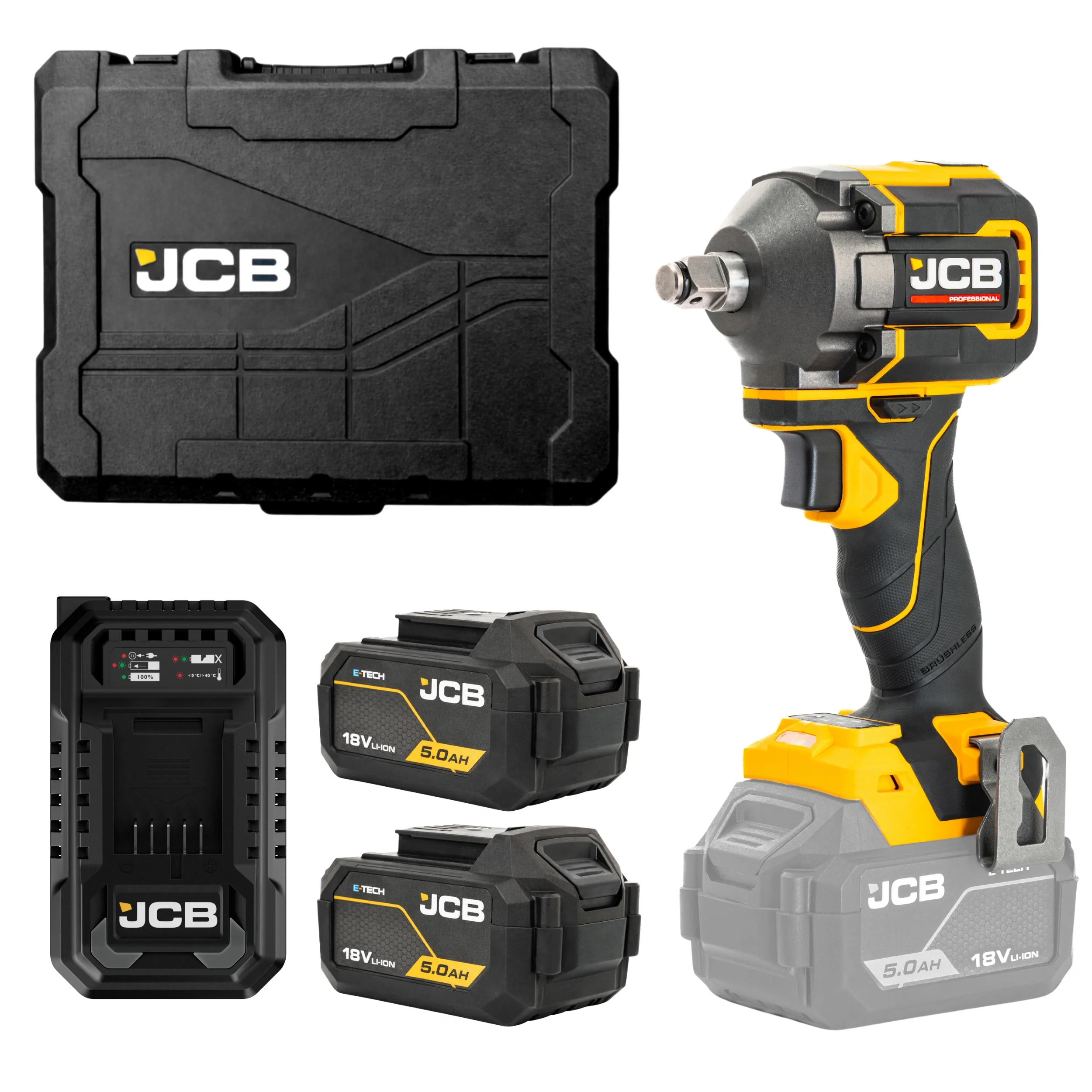 JCB Professional Klucz Udarowy Akumulatorowy 18V 350Nm Zestaw 2x 5,0Ah Ładowarka 4,5A Walizka