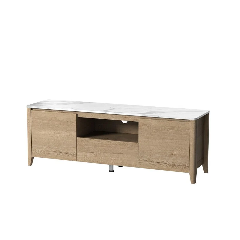 HomeRoots 58 Natural And White Faux Marble And Wood Enclosed and Open Storage TV Stand - 58 in. x 20.08 in. x 15.35 in.