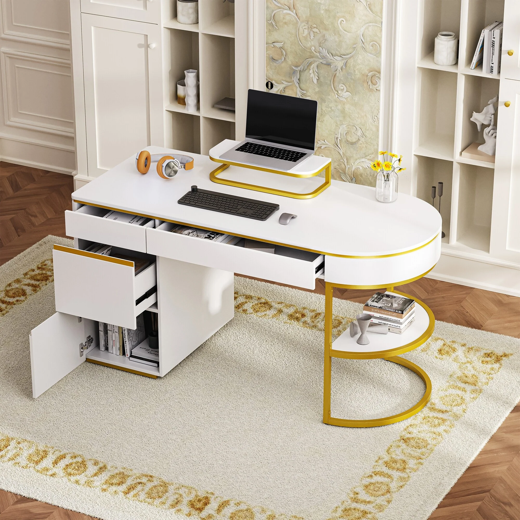 White Curved Executive Desk, 60 Modern MDF Desk with Gold Accents, 3 Drawers and 1 Storage Cabinet