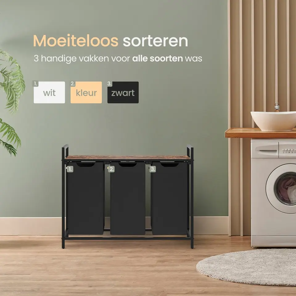 O'DADDY Wasmand 3 Vakken - Uitschuifbaar - 114L - Bruin Hout/Zwart Metaal