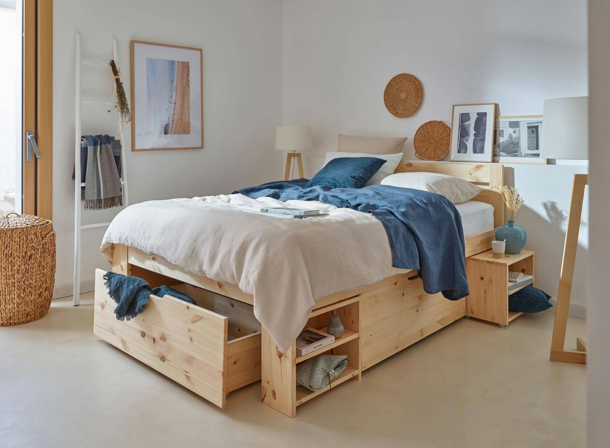 TARA - Lit rangement en bois massif naturel 160 x 200 cm