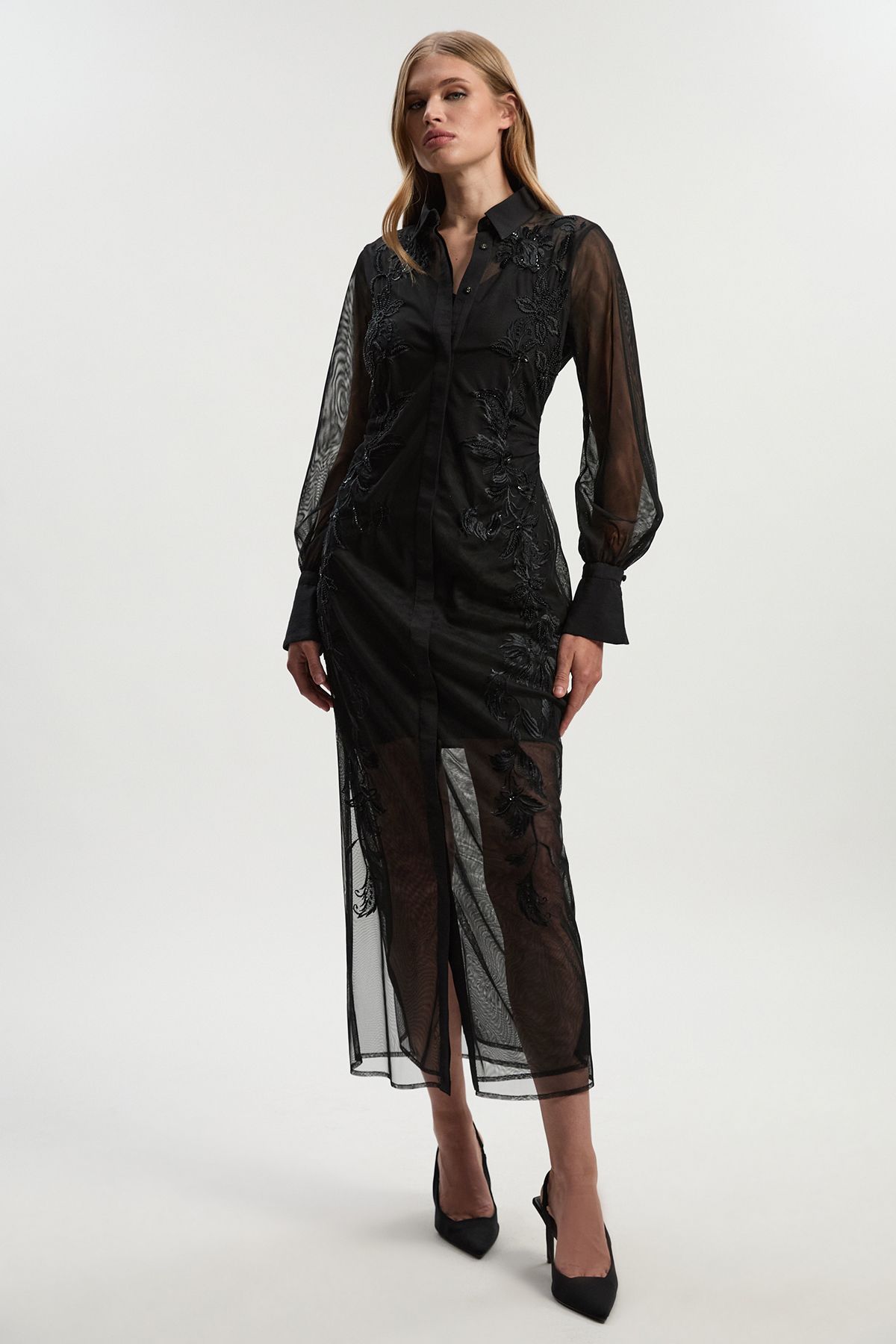 KarenMillen Archive Petite Mesh Embellished Embroidered Sheer Shirt Dress