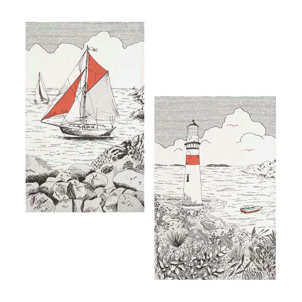 PHARE ET VOILIER - Lot de 2 torchons en métis noir et blanc 50x75
