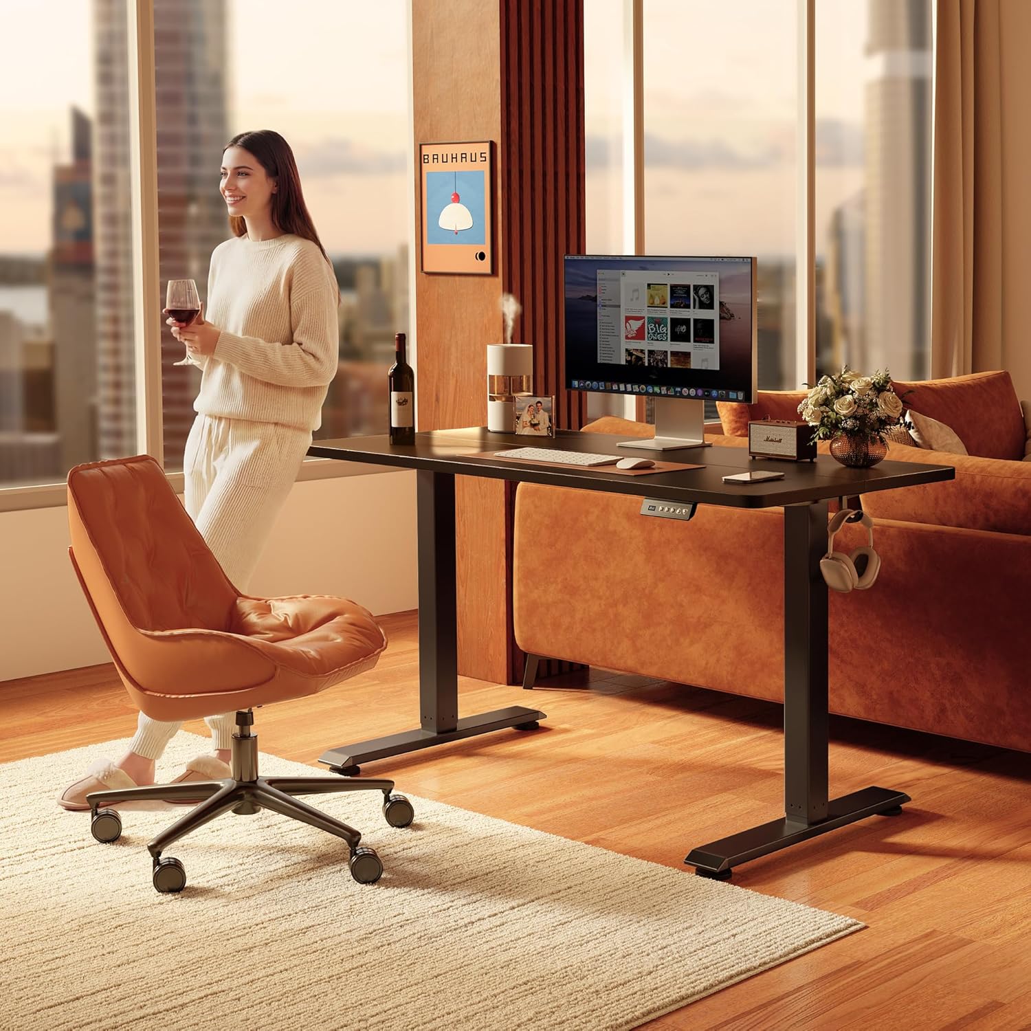FEZIBO 48 x 24 Inchs Electric Standing Desk, Height Adjustable, Sit Stand Up, Computer Office Desk with Splice Board, Black Frame/Black Top