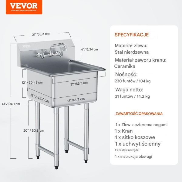 Zlew gastronomiczny basen zlewozmywak gospodarczy 45.7x45.7 cm