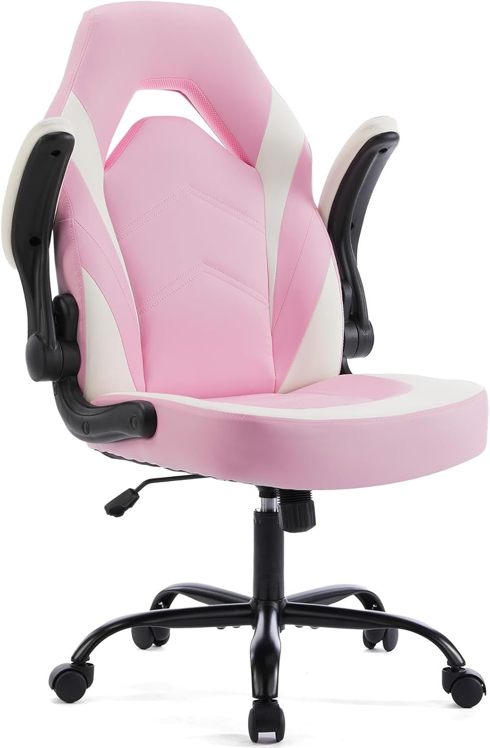 Sweetcrispy Computer Gaming Desk Chair - Ergonomic Lumbar Support Executive with PU Leather and Flip-up Armrest, Height Adjustable with 360° Swivel Wheels, Pink White, for Home and Office
