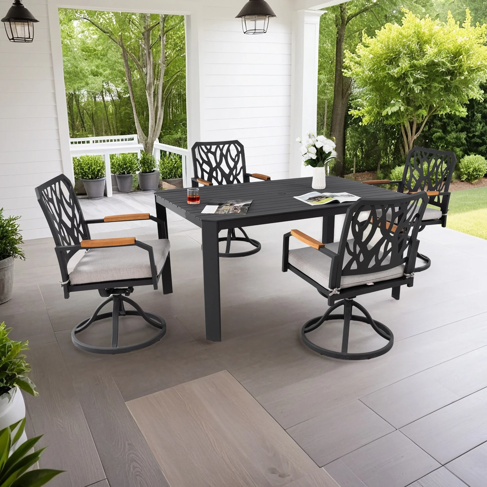 5-Piece Modern Outdoor Aluminum Dining Set ，4 Swivel Rockers with Sunbrella Cushions, Branch Backrest ，Table w/Umbrella Hole