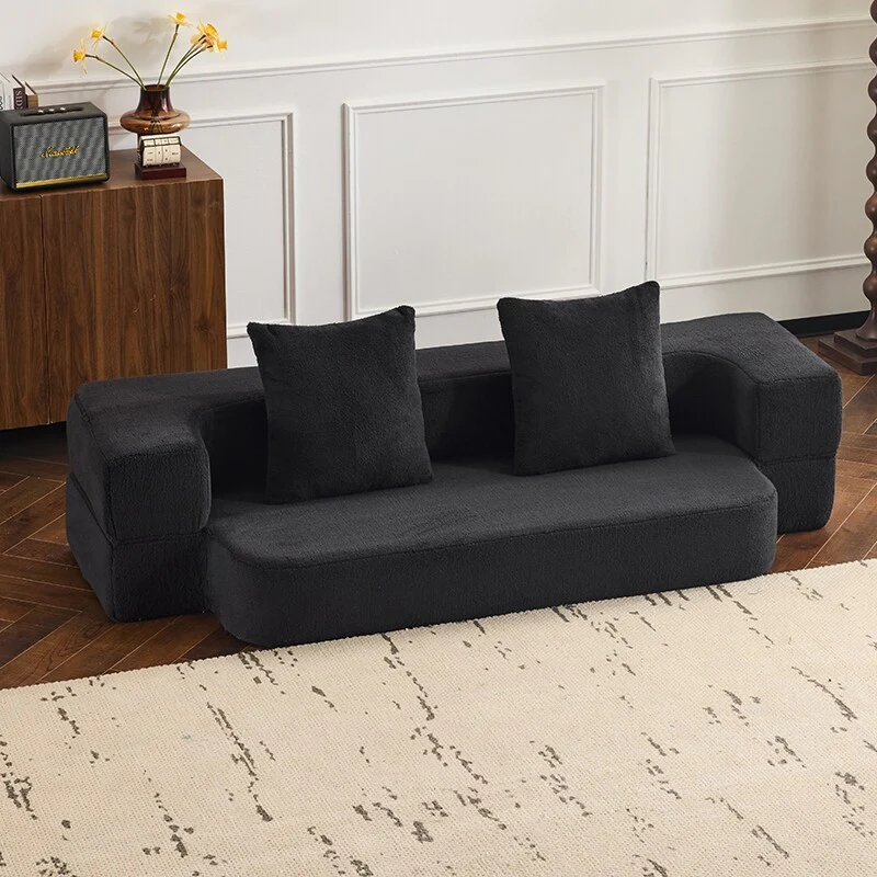 Sectional Sofa With 3 Ottoman Stools - Supportive Foam Fold-Out Bed, Compact Chenille Lounger