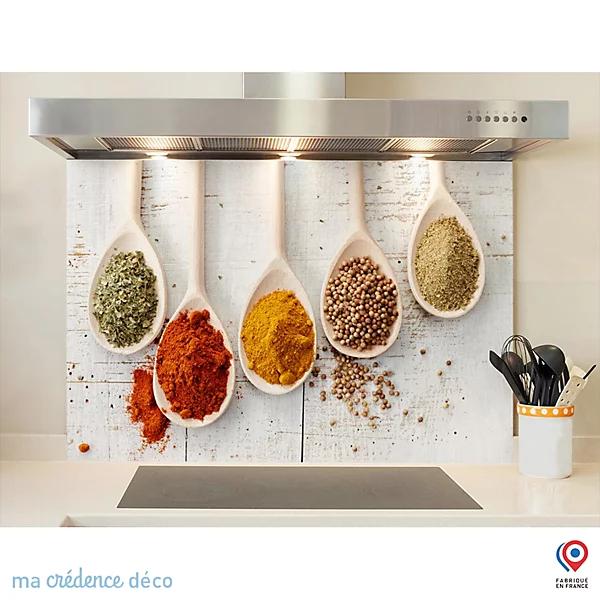 Crédence cuisine fond de hotte Epices sur bois 2 - Verre trempé - L 90 cm x H 60 cm - MaCrédenceDéco
