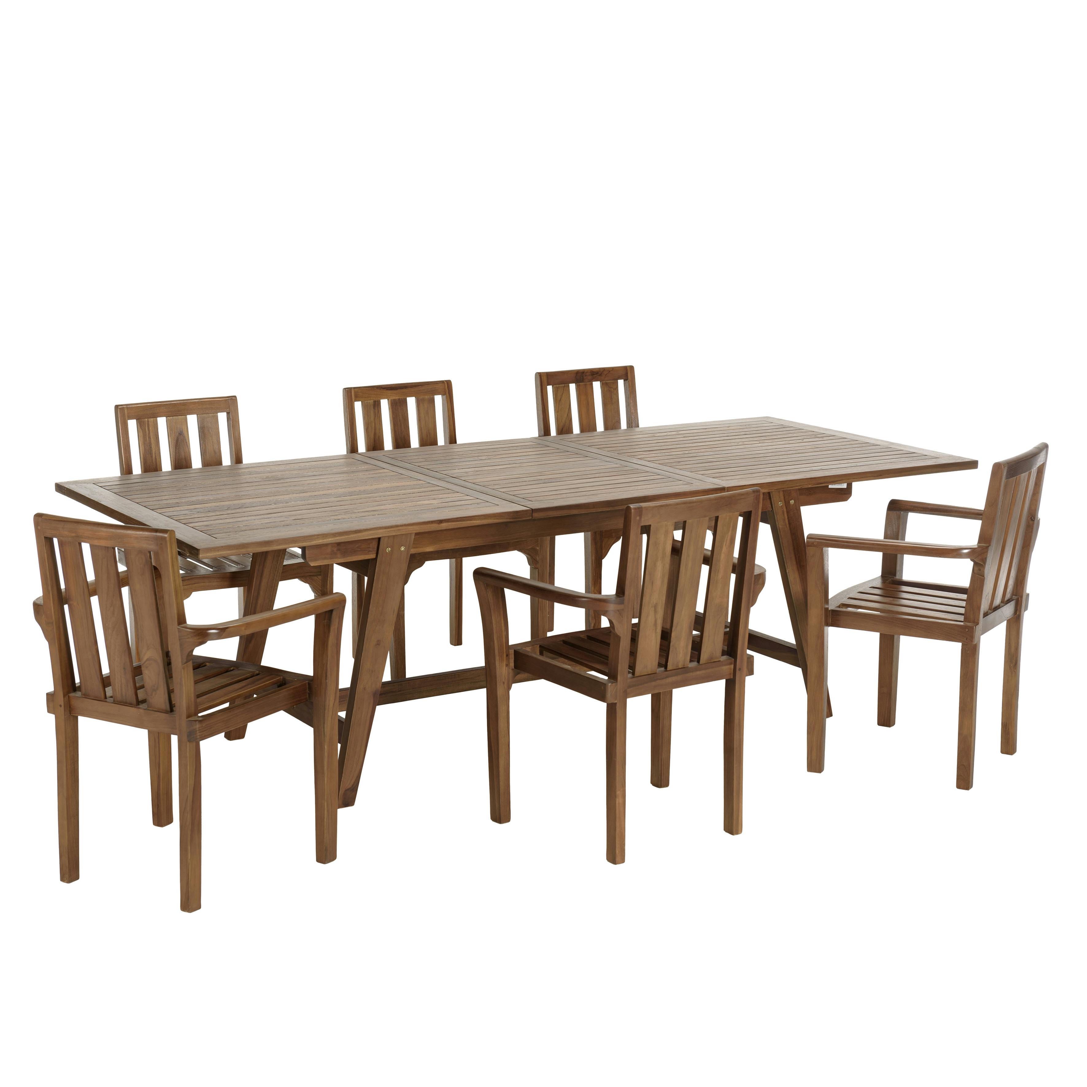 Salon de jardin teck huilé table pieds tréteaux 180/240   6 fauteuils MACAO