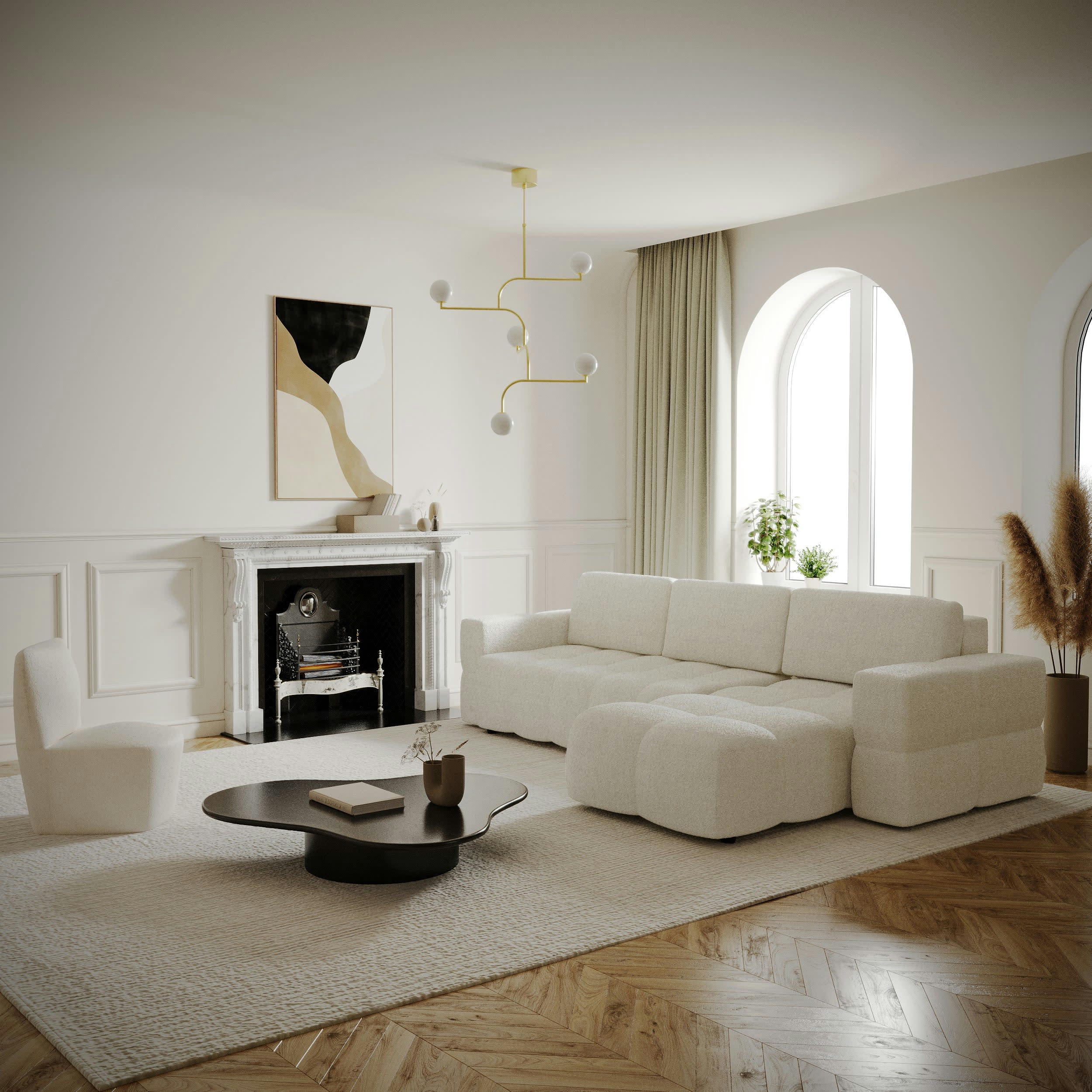 GABRIEL - Canapé d'angle droit convertible coffre bouclette crème 260x180cm