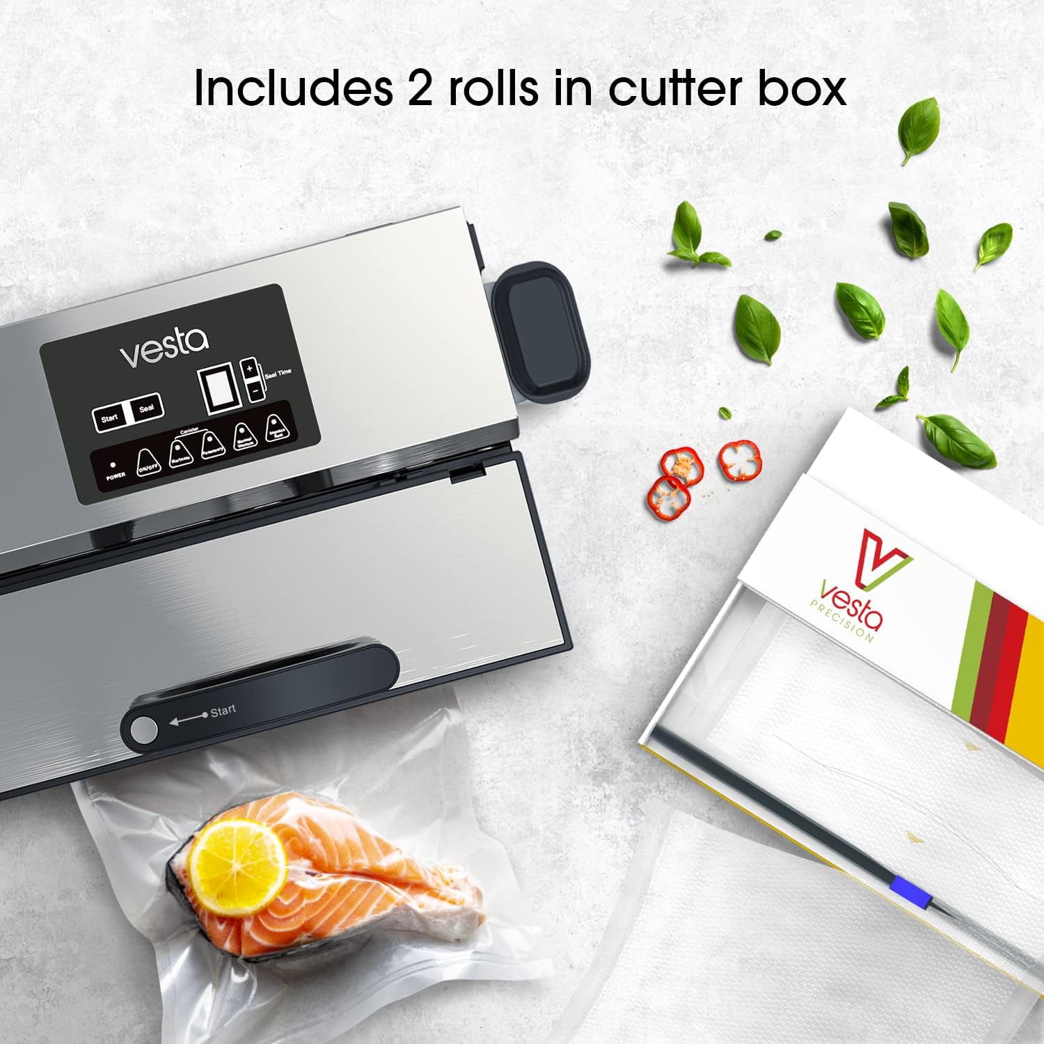 Vesta Precision Food Saver Vacuum Sealer Machine, 95kPa Commercial Grade Vacuum Sealer for Food, 12 Wide Sealing Bar & Smart Seal Design, Ideal for Sous Vide, includes Patented Cutter Box with Bags