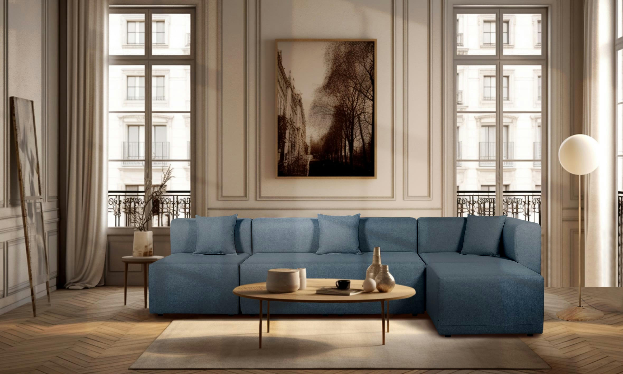 PINOT - Double chauffeuse pour canapé modulable en tissu bleu