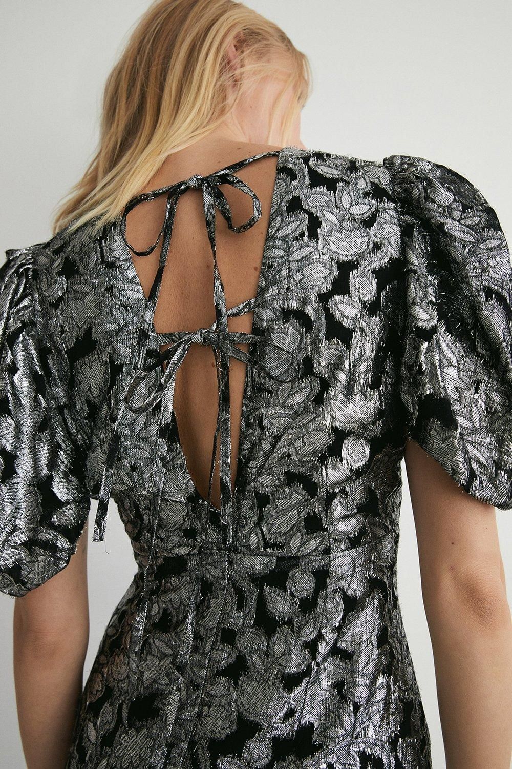 Warehouse Sparkle Jacquard V Neck Midi Dress