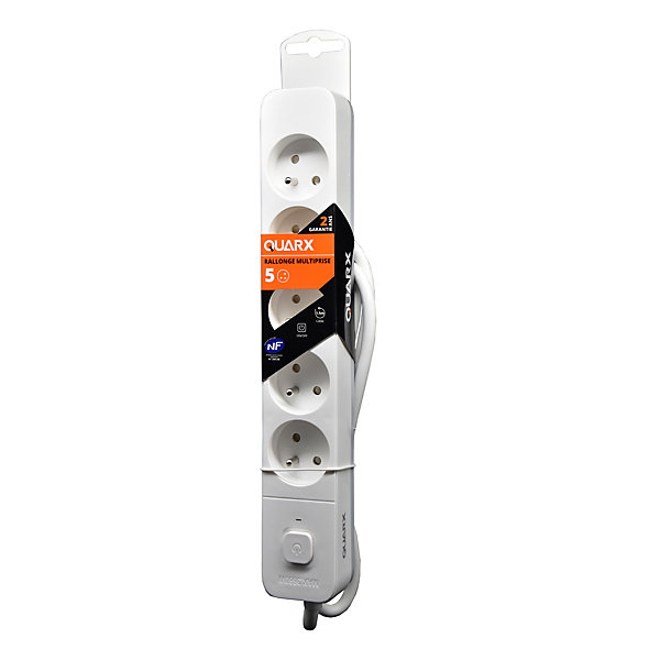 Multiprise avec interrupteur 5 prises 2 pôles   terre Quarx blanc / gris 1.5 m