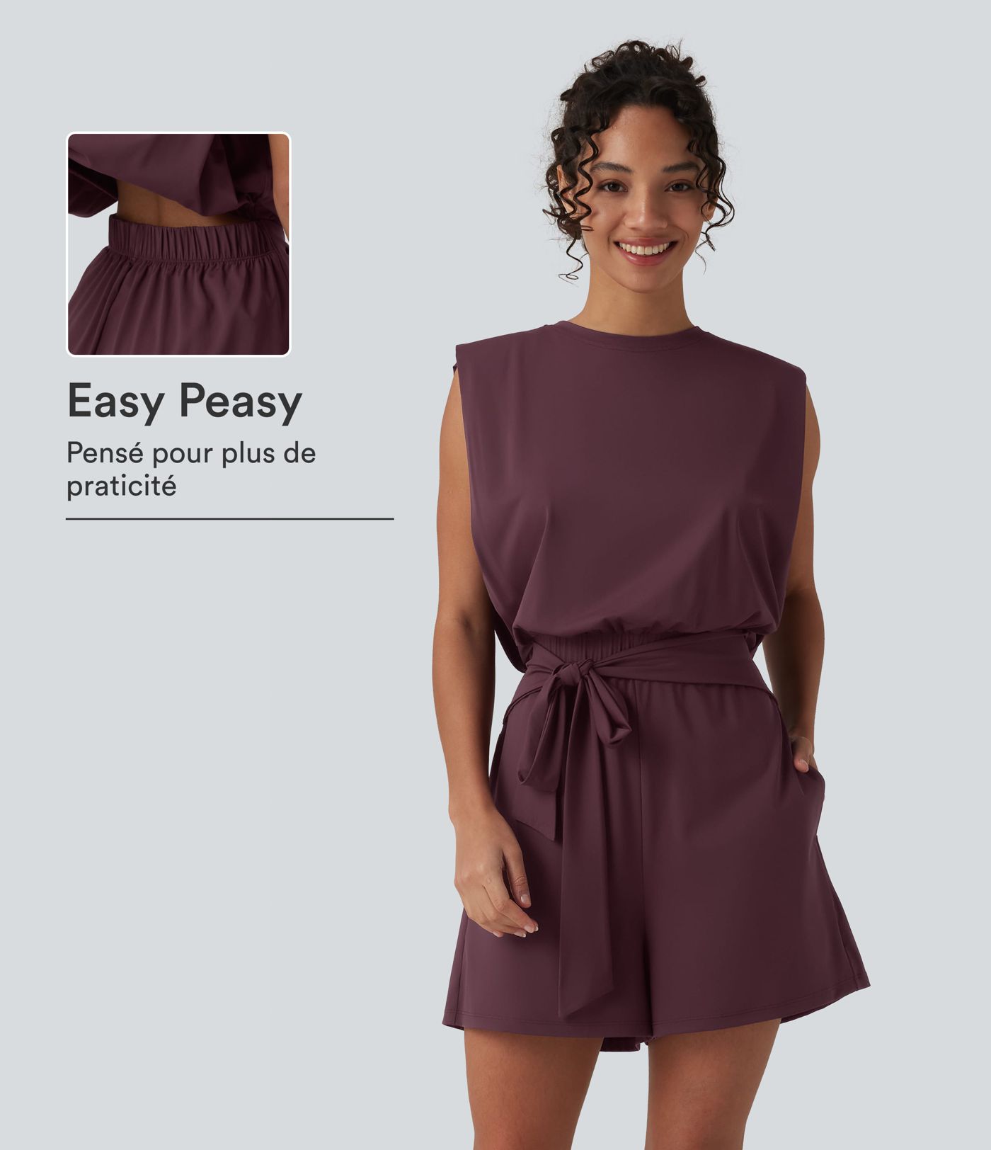 Combishort décontracté col rond sans manches effet frais InstantCool avec nœud frontal et poches, accès facile Easy Peasy, protection solaire UPF50