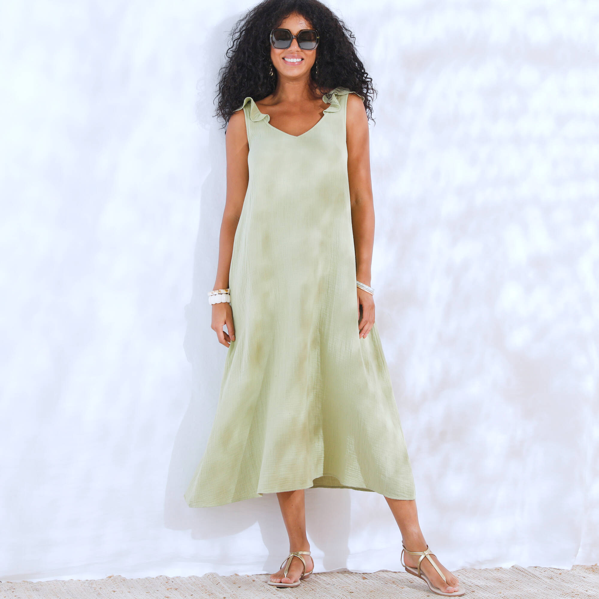 Robe longue épaules volantées, en gaze de coton