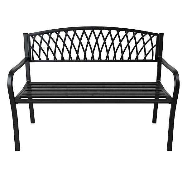 Banc de jardin noir ARCADIA avec pieds en acier et dossier en fonte, largeur 127 cm