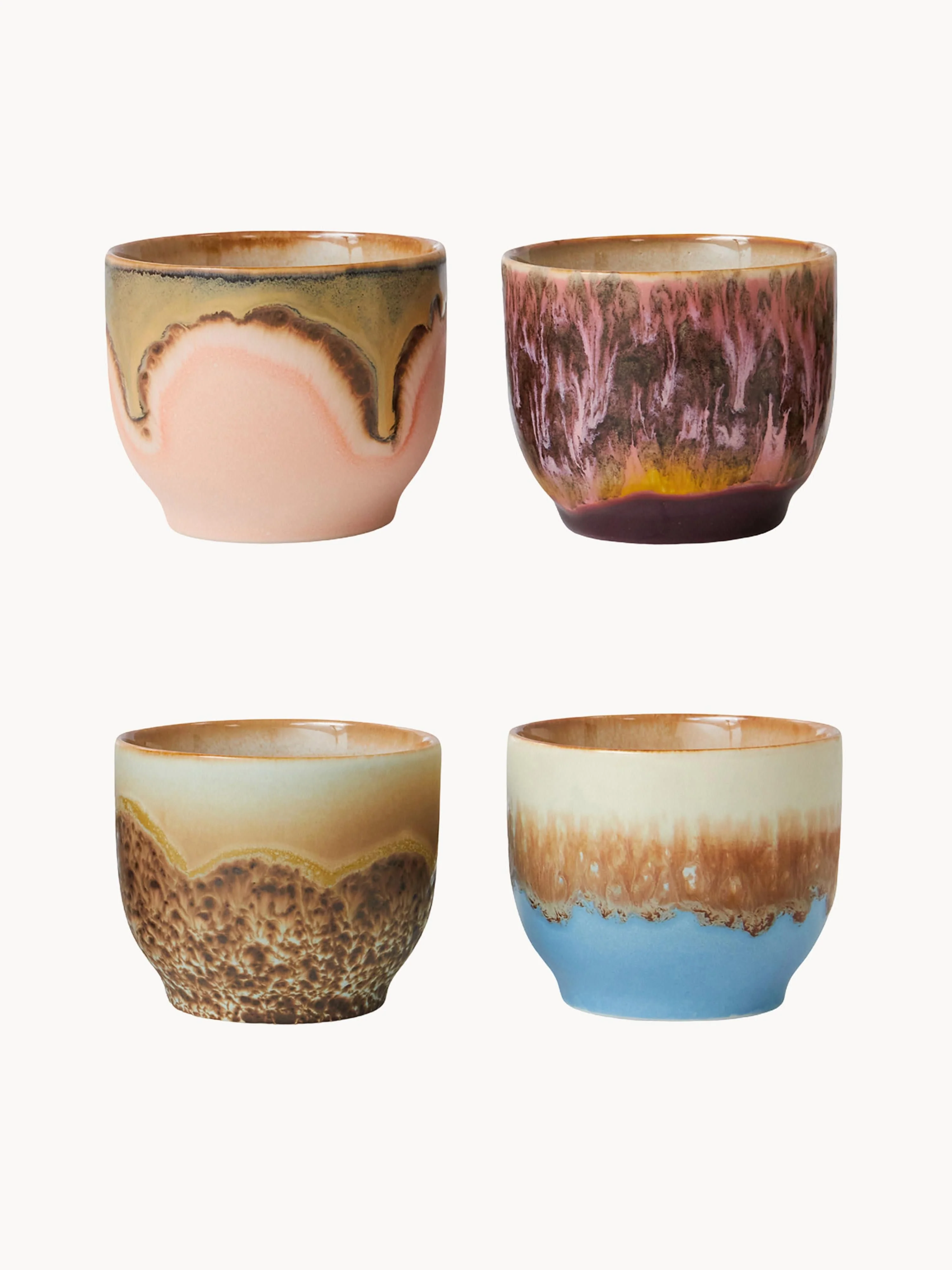 Handgefertigte Becher 70's mit reaktiver Glasur, 4er-Set