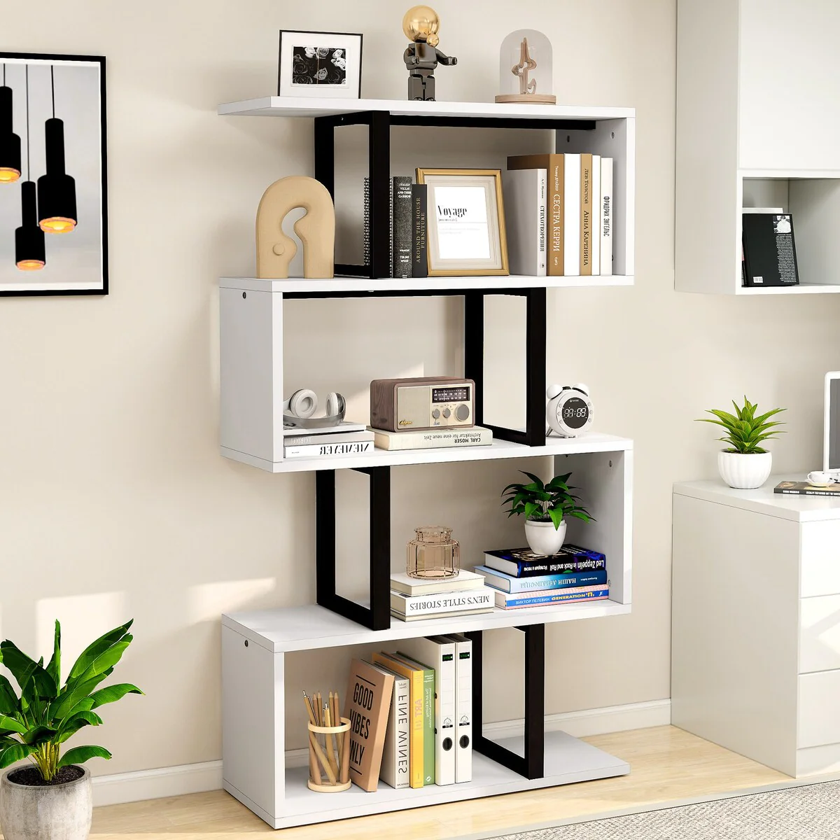 Moasis Modern Corner Shelf Bookcase Bookshelf with Unique S Shaped for Living Room and Home Office