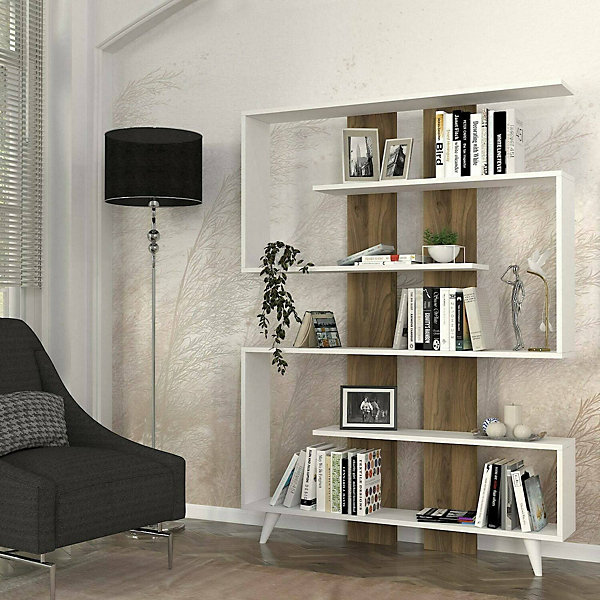 Bibliothèque Spodumene, Etagère de bureau, Porte-livre mobile, Librairie, 120x20h162 cm, Blanc et Noyer