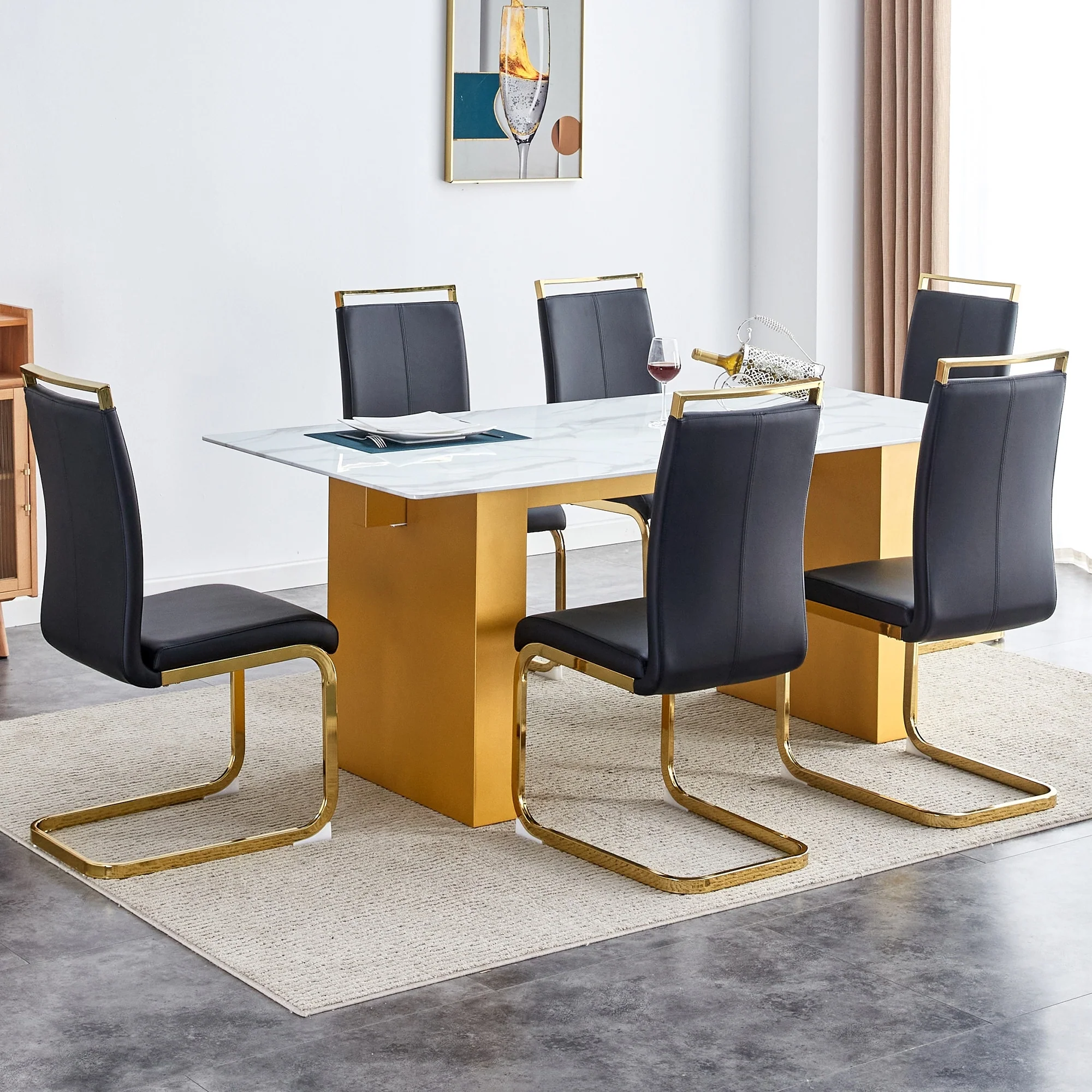 Modern Style Dining Set with Rectangular Table and High Back PU Dining Chairs