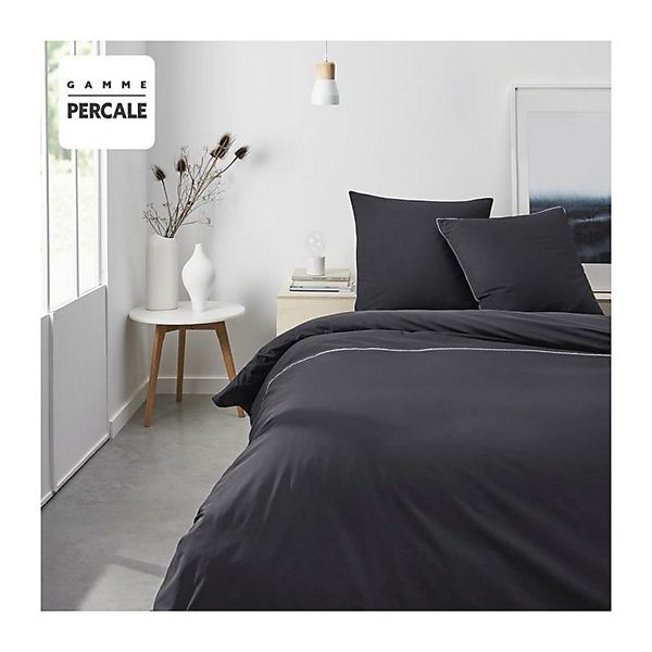 Parrure de lit TODAY Prestige - 220 x 240 cm - 2 personnes - 100% Percale Finition dentelle - Fusain
