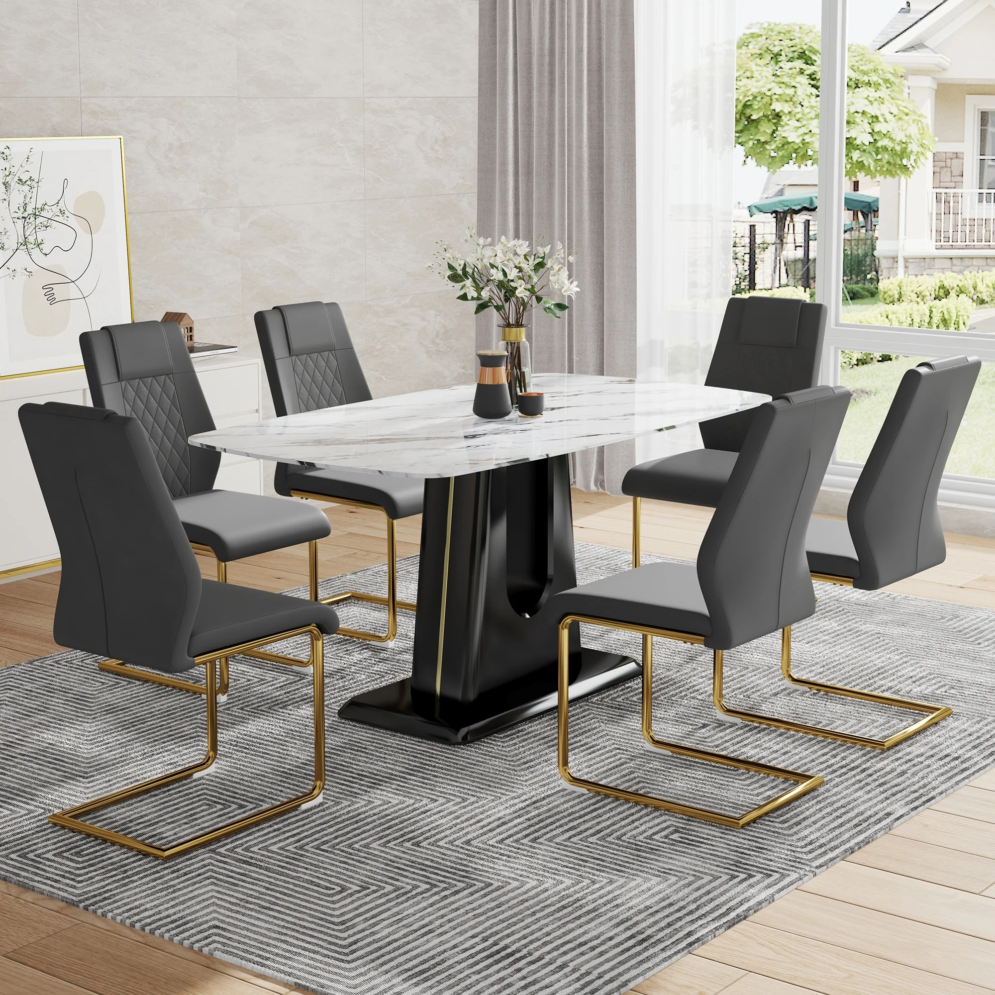 Modern Marble Pattern Dining Table Set with U-Shaped Base and PU Upholstered Dining Chairs