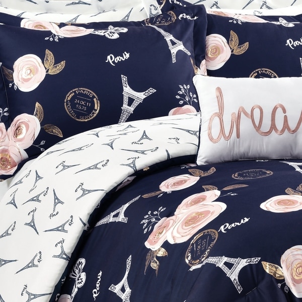 Lush Decor Vintage Paris Rose Butterfly Script Comforter Set