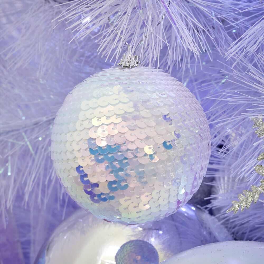 Boule de No&euml;l plastique avec sequins irisés Ø8cm