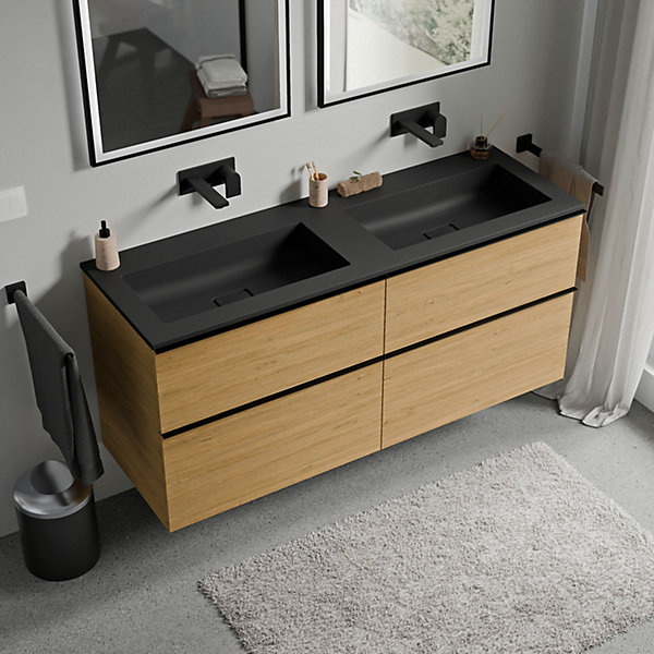 Meuble vasque suspendu MDF Chêne miel, lavabo fonte sans trou robinet &poignée Noir mat - 120x46x62cm - LAVOA