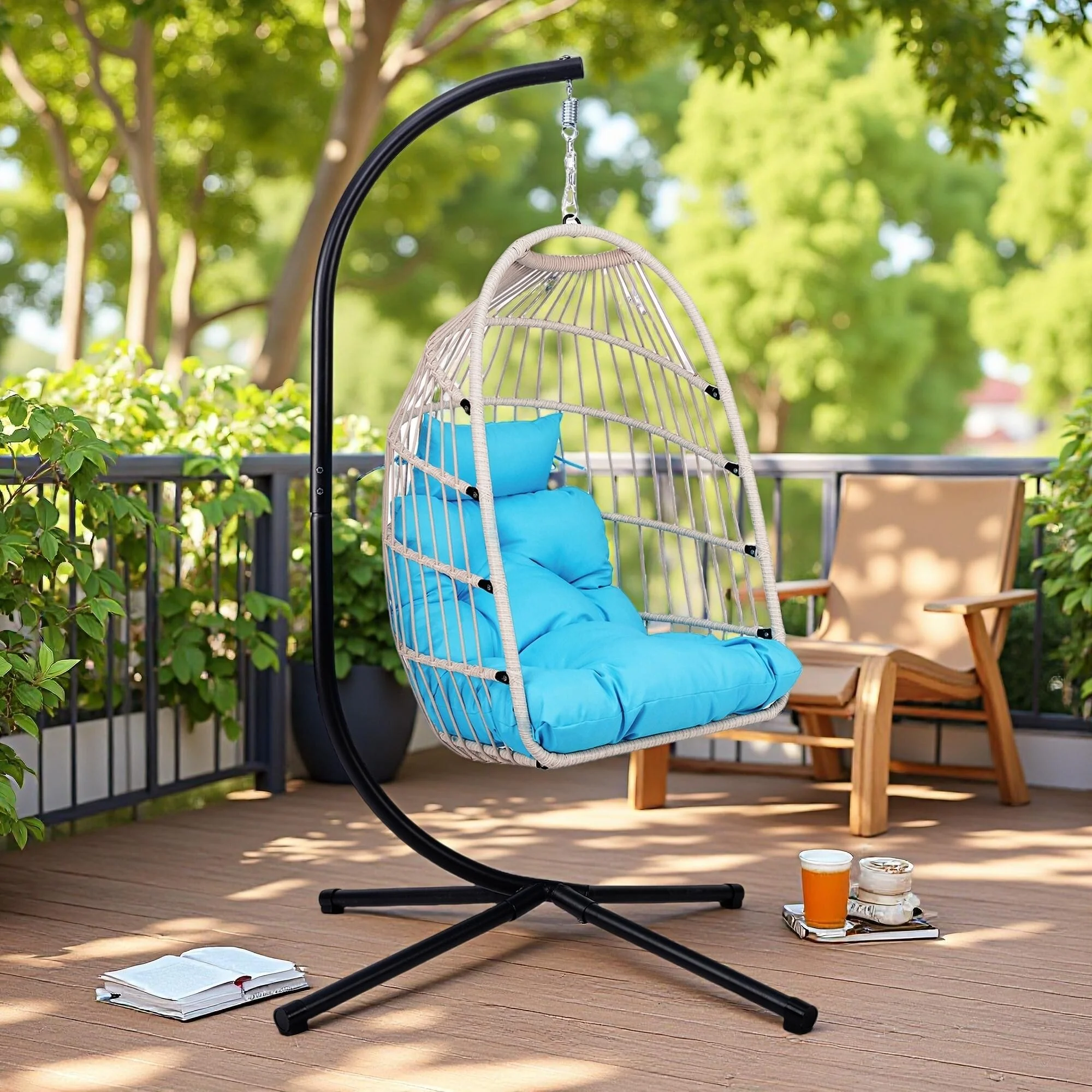 HDPE Egg Hanging Chair with Stand - 350lb Capacity Indoor/Outdoor Swing Chair, Includes Cushion and Adjustable Chain