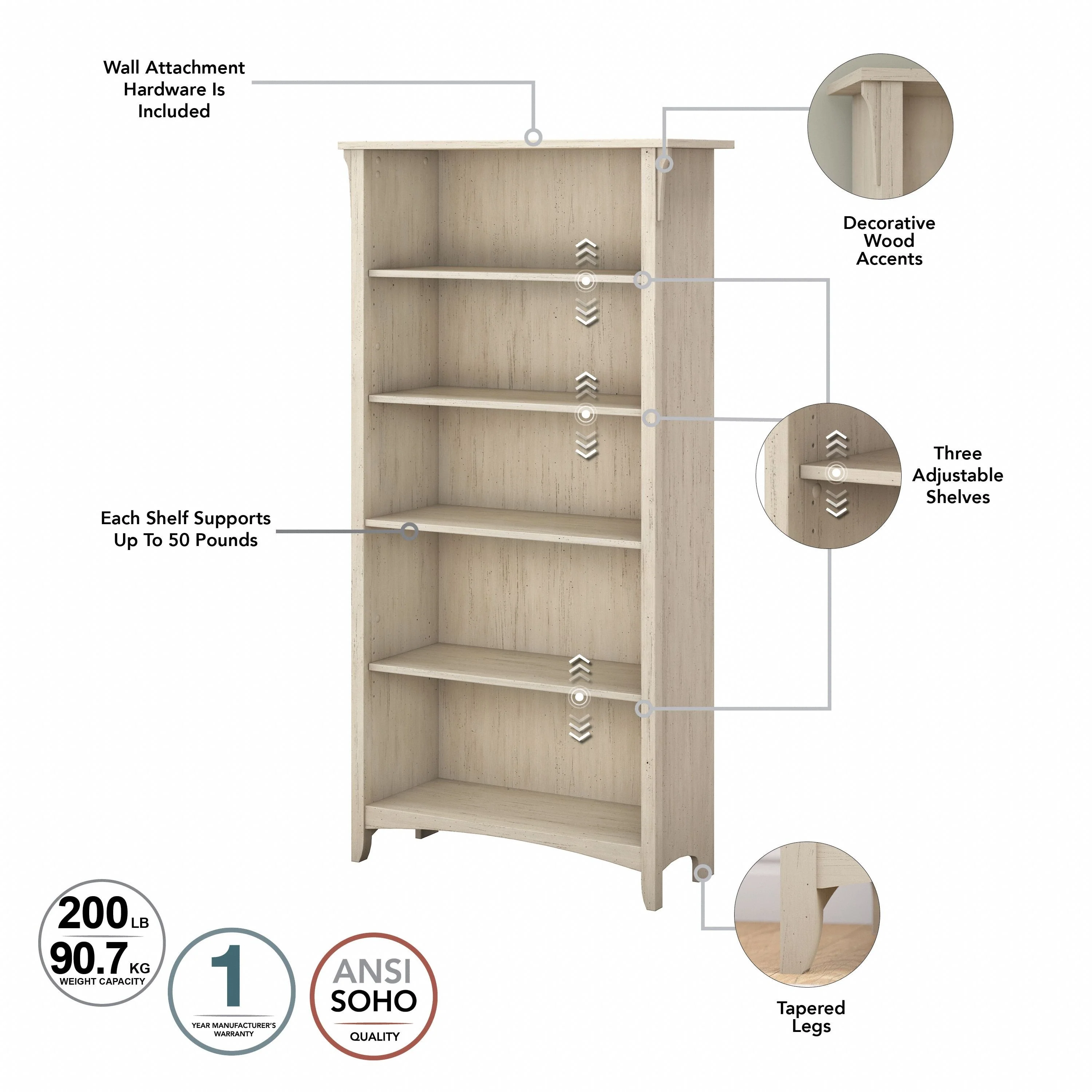 Bush Furniture Salinas Tall 5 Shelf Bookcase with Adjustable Shelves