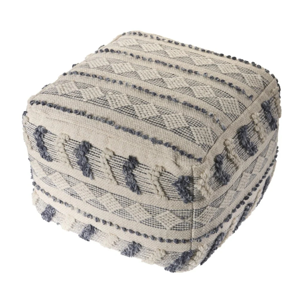 Comfortable 18 Pouf Ottoman Blue Striped Wool Upholstered Floor Cushion with Removable Cover