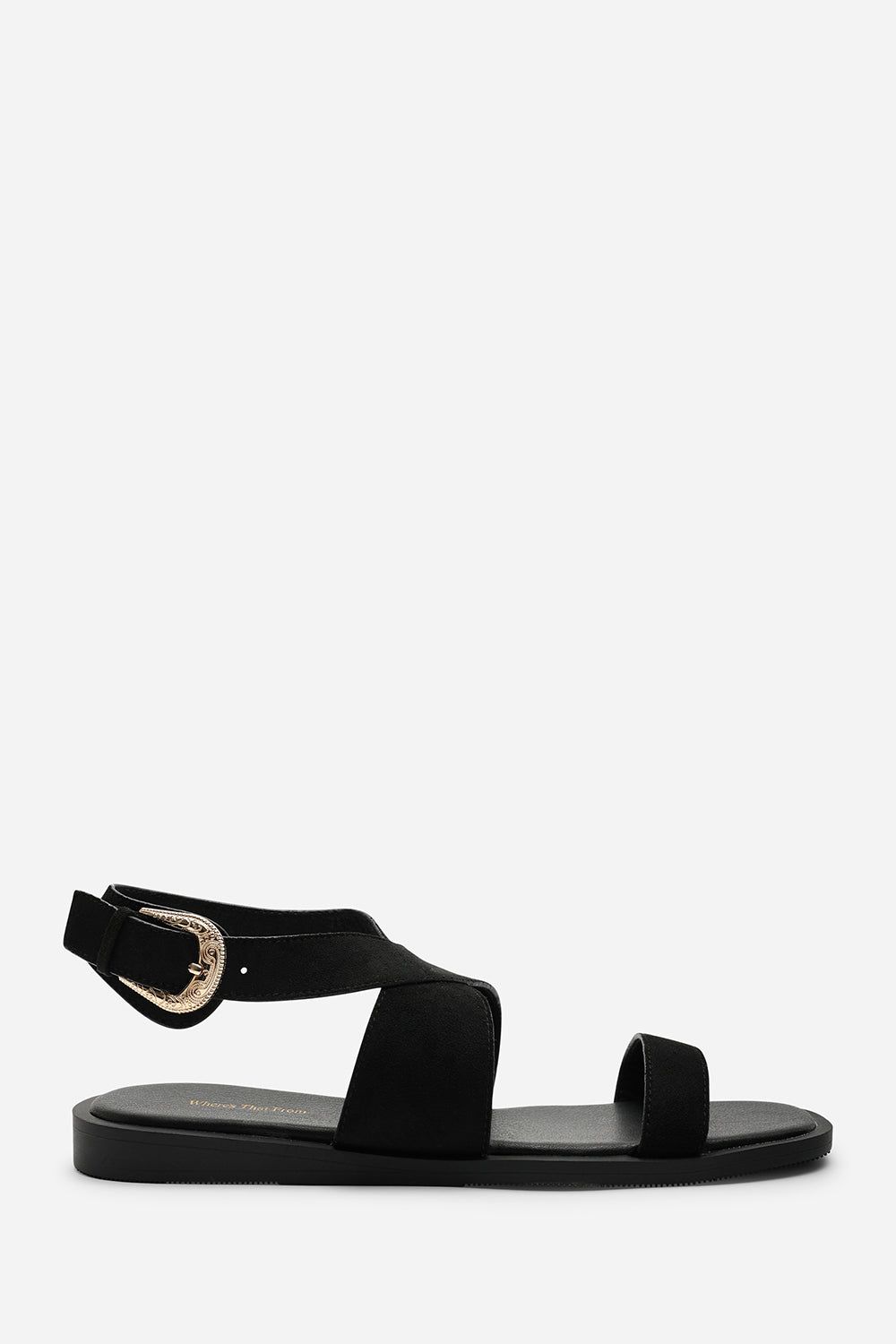 Where's That From Canopy Cross Over Strap Black Suede Sandal