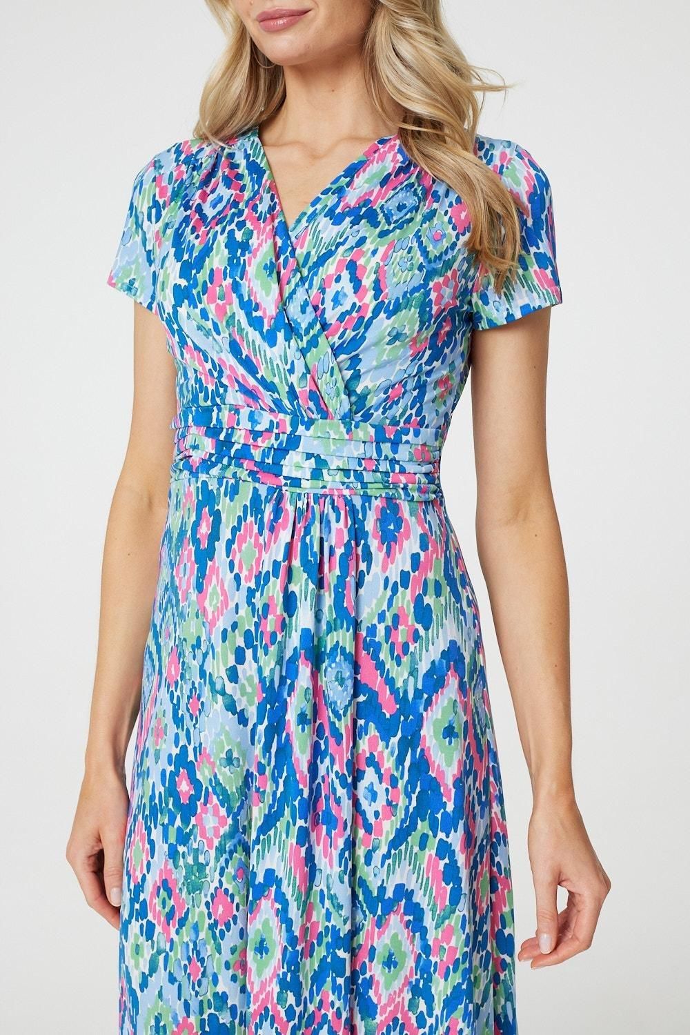 Izabel London Printed Ruched Faux-Wrap Midi Dress