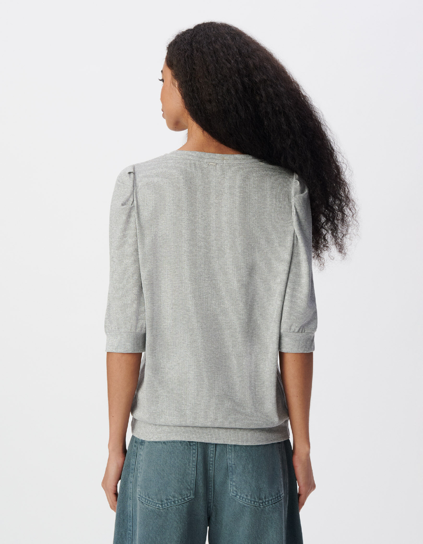 Tee-shirt col V argenté maille côtelée à épaulettes Femme