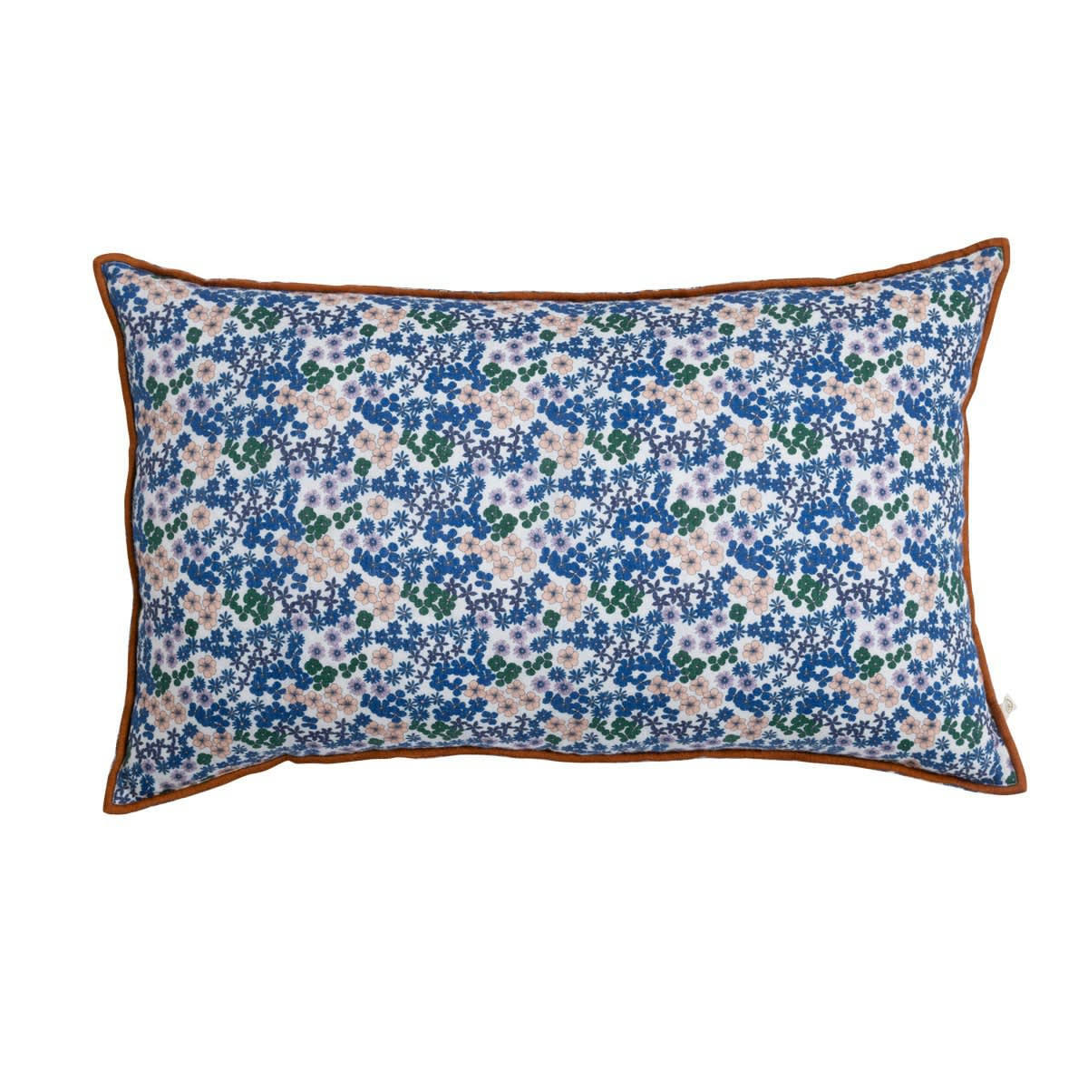 ESCALE - Housse de coussin en lin lavé imprimé flower bleu 40x65
