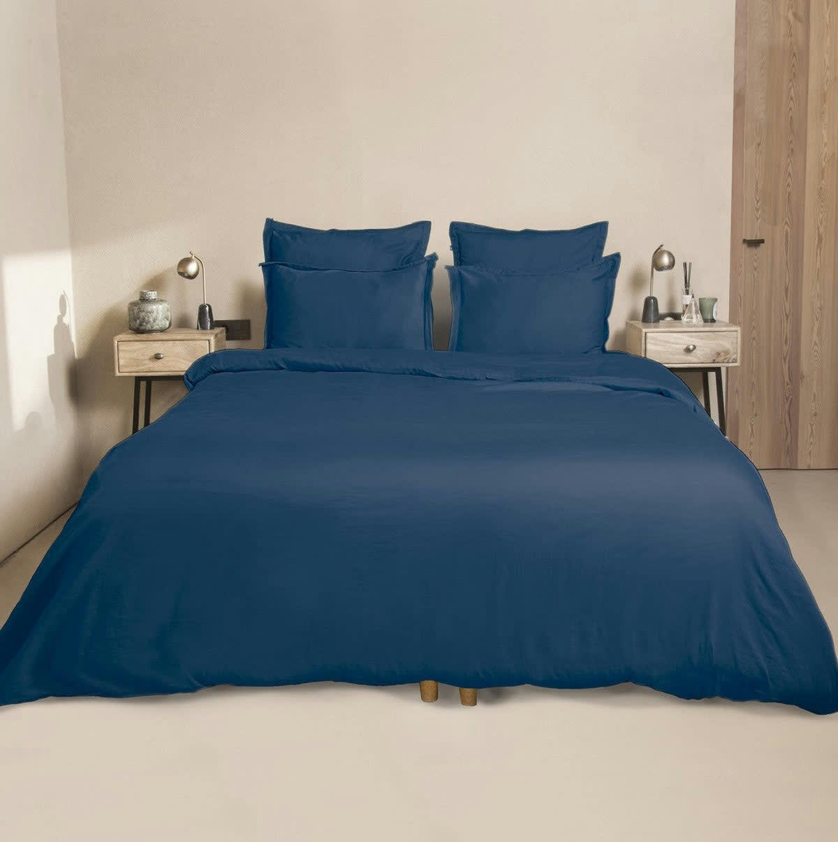 JULIA - Drap housse satin de coton  160x200x30 bleu indigo