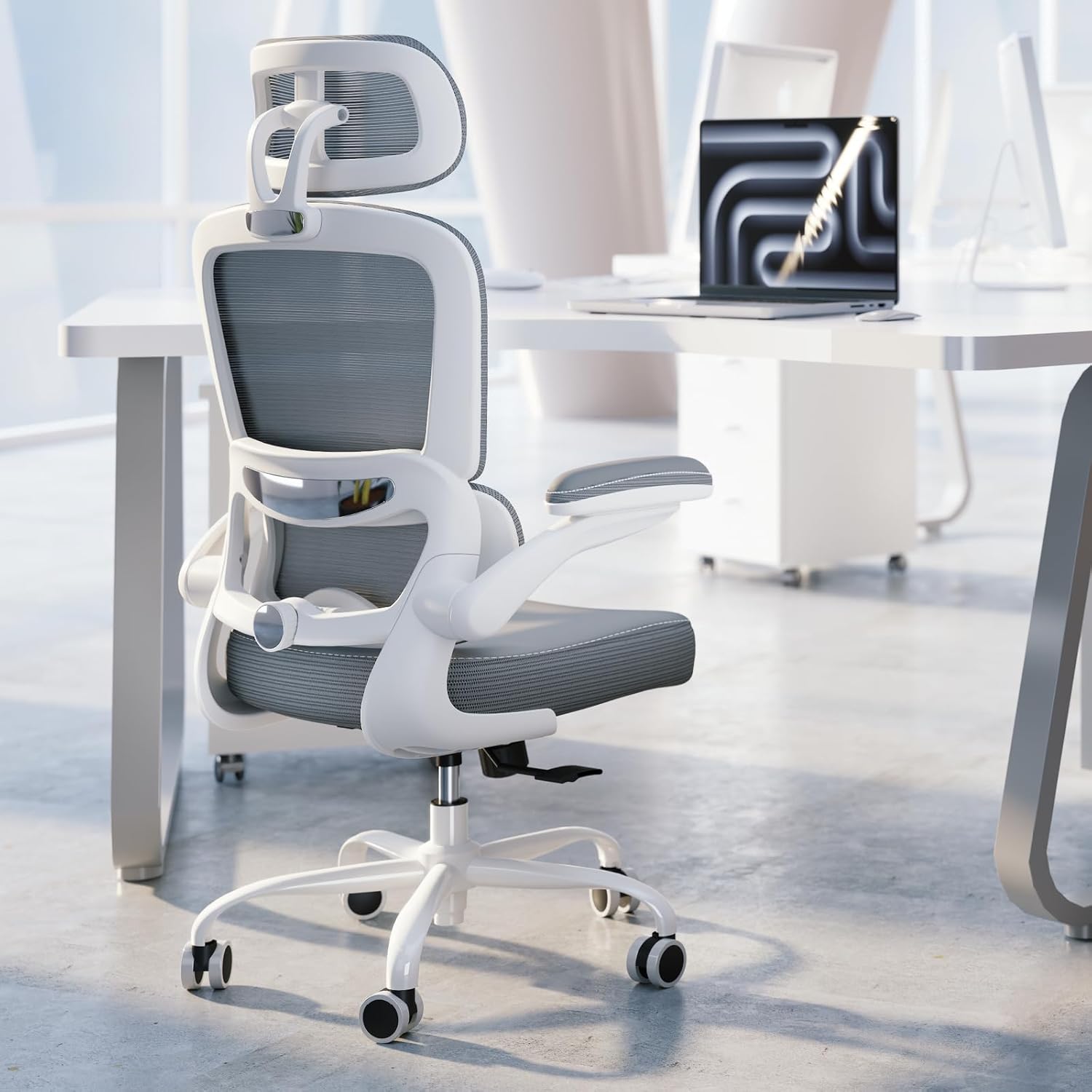 TRALT Ergonomic Office Chair - Desk Chair with Adjustable Headrest Lumbar Support Computer Chair - Mesh Comfy Chair with Flip-up Armrests - Gaming Chairs for Adults Home Office (Leather, Grey)