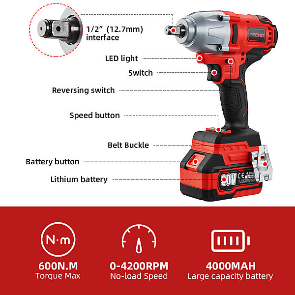 Clé à chocs 20V Brushless Lithium-Ion Batteries 4.0Ah,600N.m , une batterie