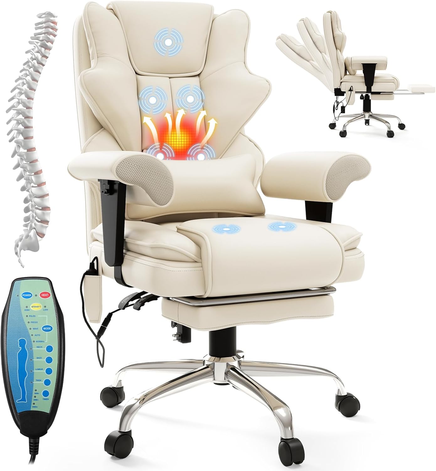 7-Point Massage Office Chair,Heated Manageral Chair,Ergonomic Executive Chair with Footrest,Adjustable Armrest，Computer Chair for Offices, Study Areas, Gaming Spaces,Beige