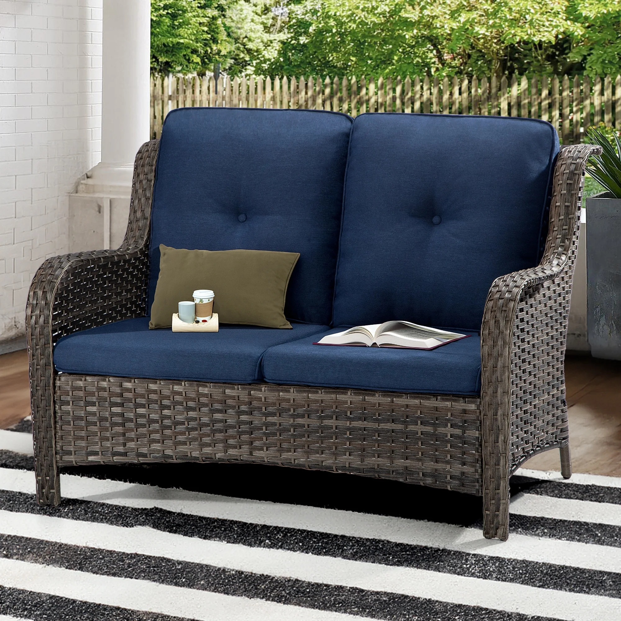 Cozywor Brown Wicker Outdoor Patio Loveseat with Cushions