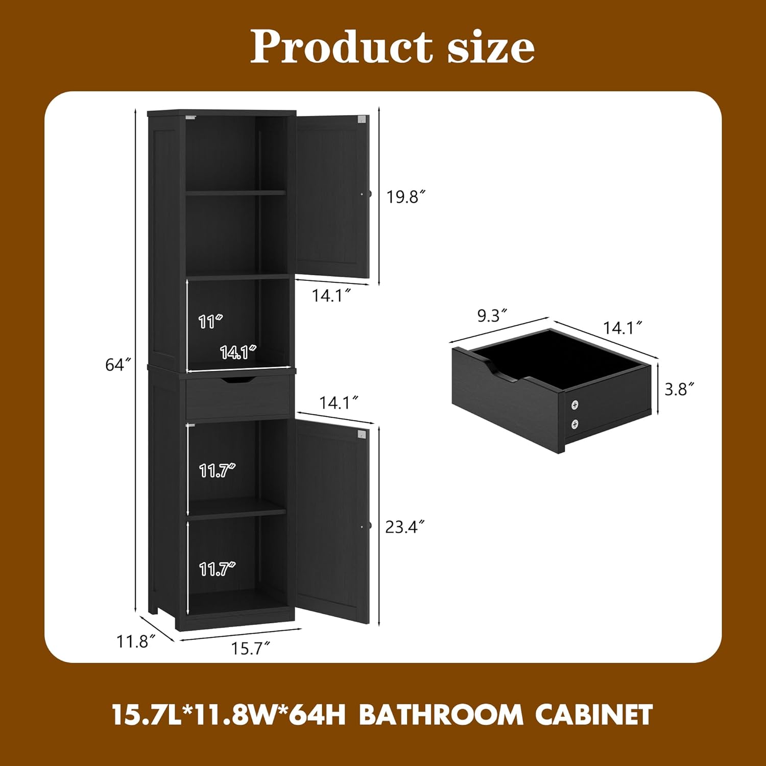 Walsunny Tall Bathroom Storage Cabinet with Freestanding Adjustable Shelves, Narrow Storage Linen Cabinet with 2 Doors and 1 Drawer for Bathroom, Living Room, Kitchen, Black