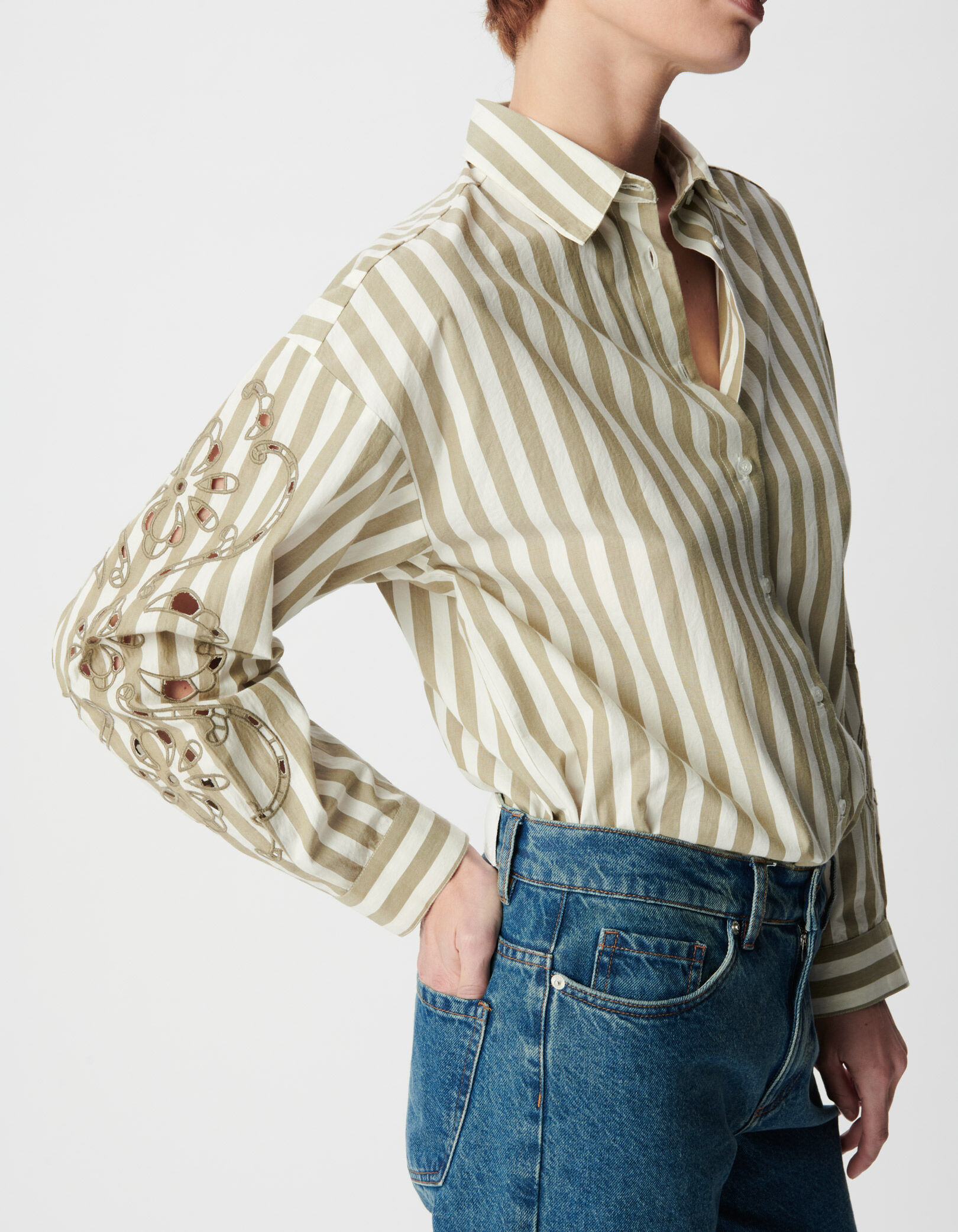 Chemise à rayures kaki broderies ajourées manches Femme