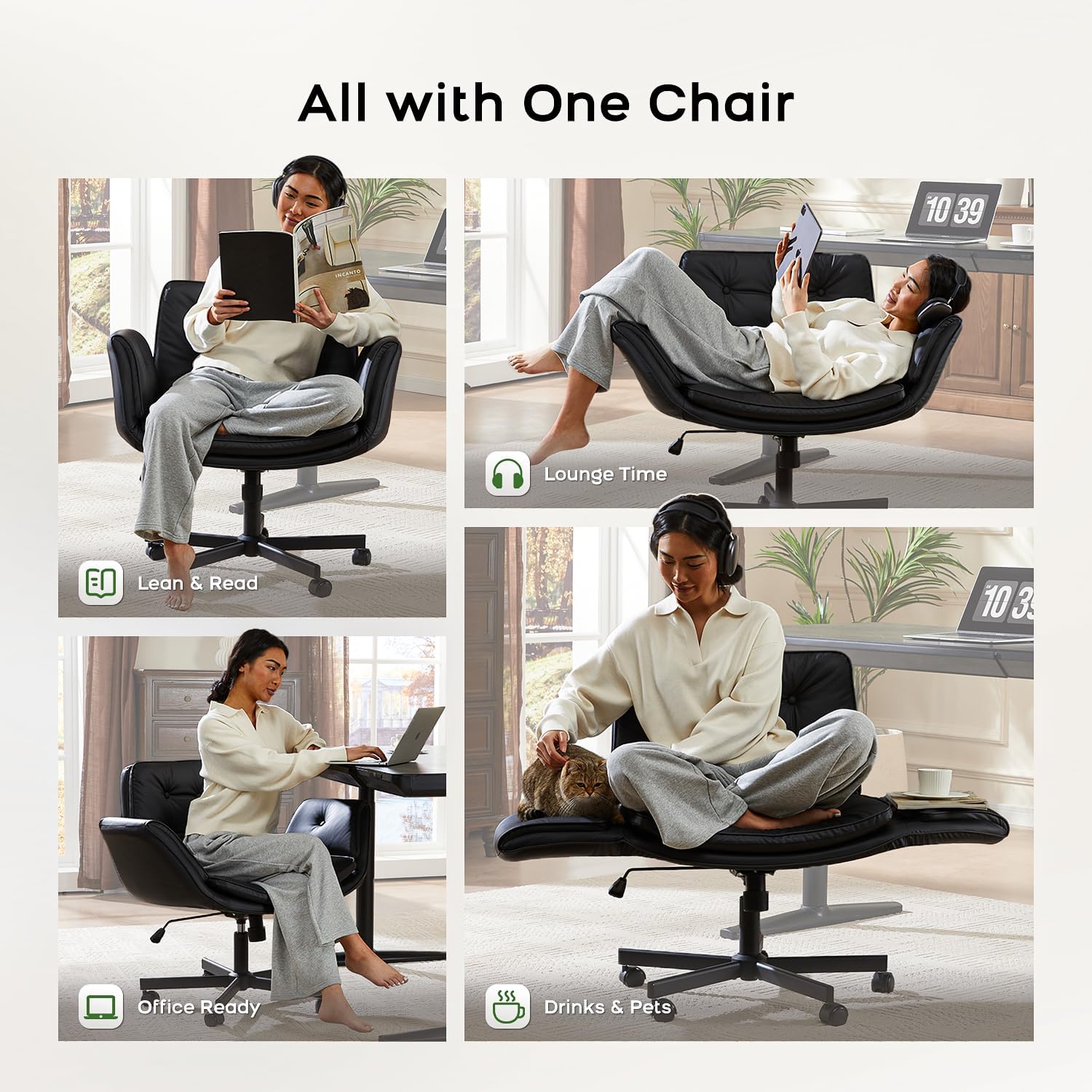 amseatec Criss Cross Chair with Armrests & Wheels, PU Leather Vanity Chair, Comfortable Adjustable Swivel Computer Office Desk Chairs for Home, Make Up, Bed Room (Black)
